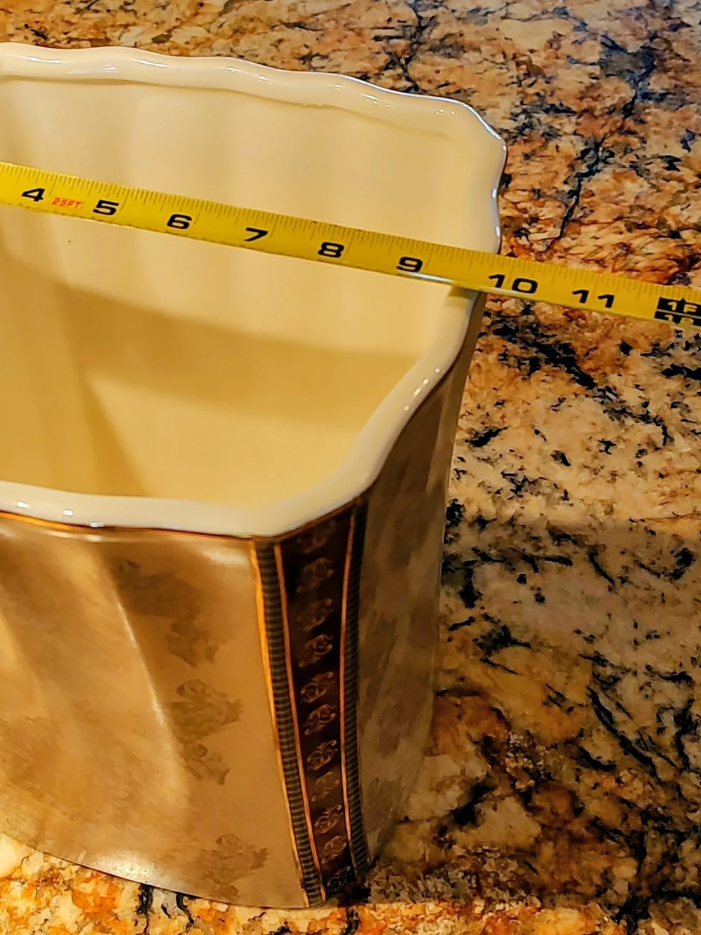 Croscill Brown, Cream and Gold Ceramic Wastebasket with Damask Trim